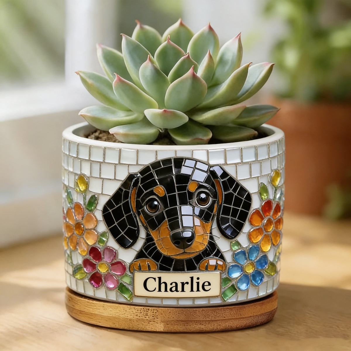 Personalized Black and Tan Dachshund Puppy Ceramic Plant Pot Gift