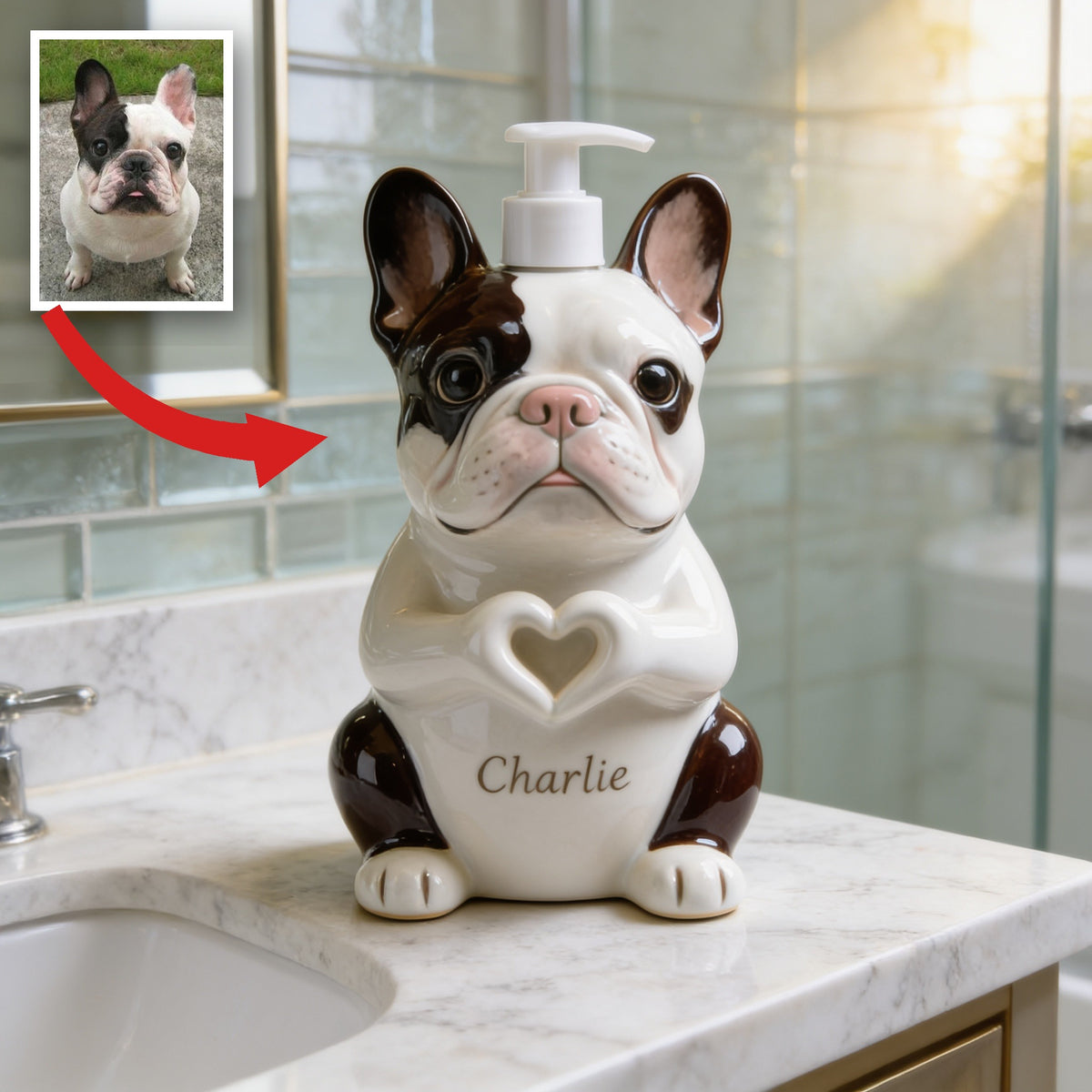 Personalized Black and White French Bulldog Soap Dispenser Bathroom Gift