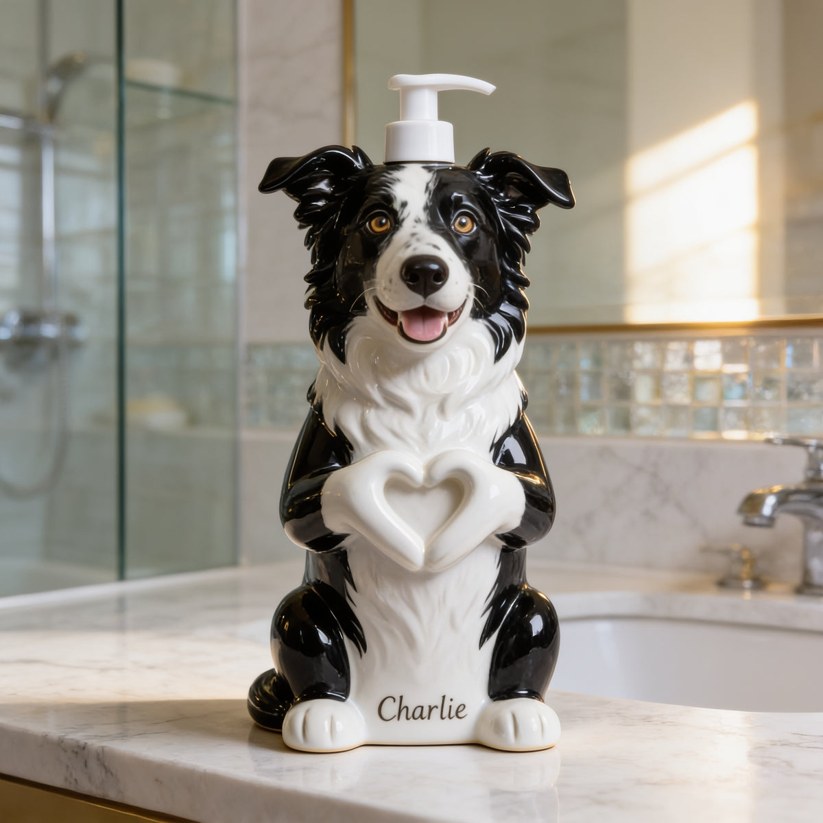 Personalized Black and White Border Collie Soap Dispenser Dog Lover Gift
