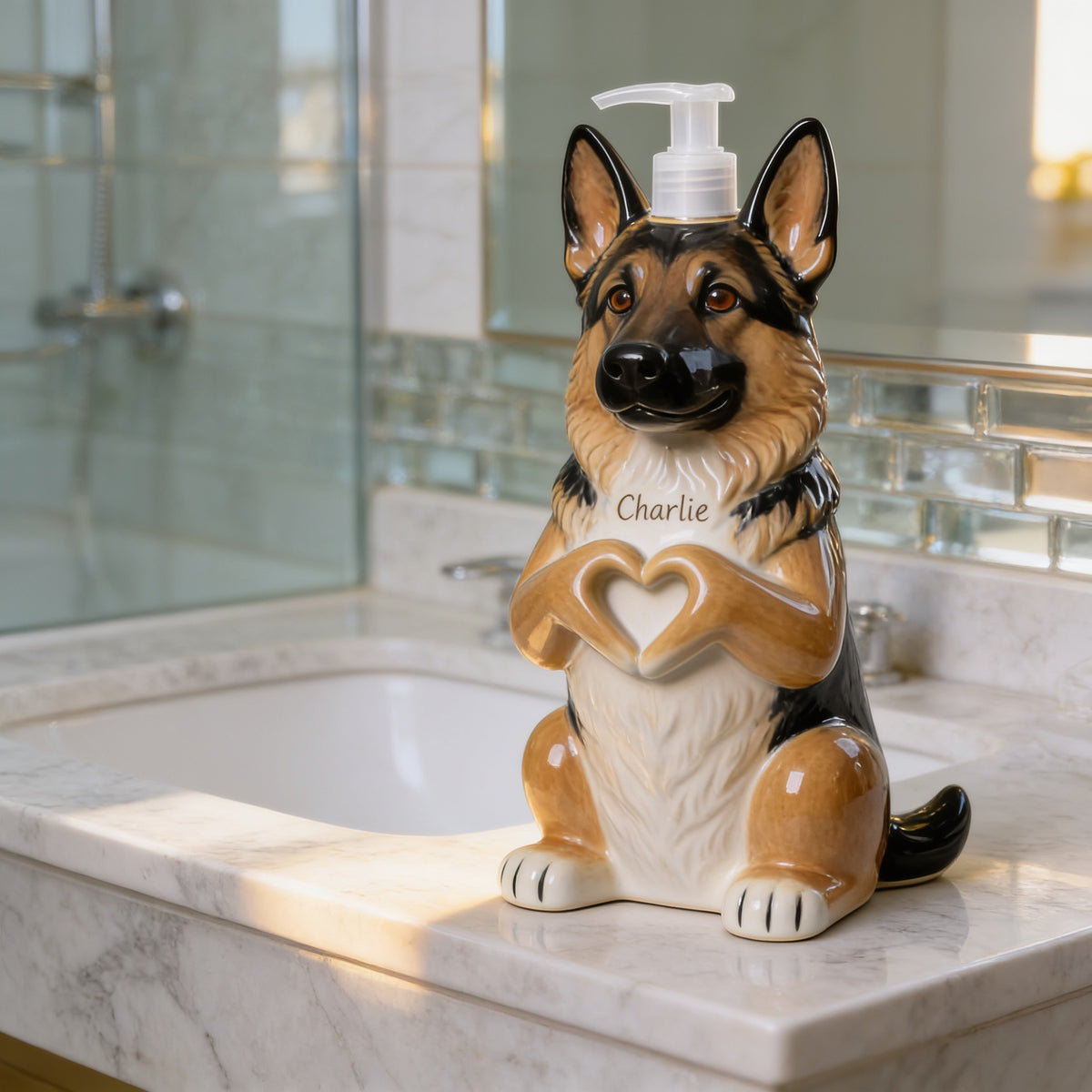 Personalized Black and Tan Adult German Shepherd Soap Dispenser Pet Lover Gift