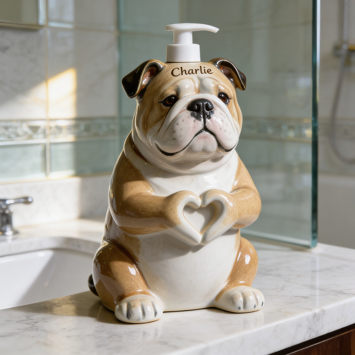 Personalized Fawn White Adult Bulldog Soap Dispenser Pet Bathroom Decor