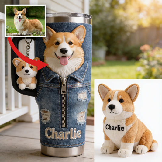 Personalized Tan White Pembroke Welsh Corgi Tumbler With Plush Charm Pet Gift
