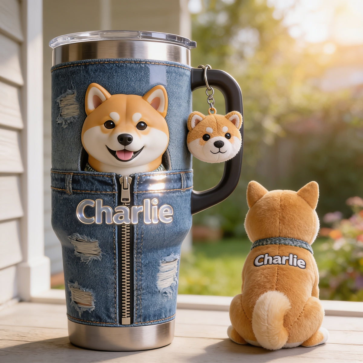 Personalized Tan & White Adult Shiba Inu Tumbler With Plush Charm Pet Lover Gift