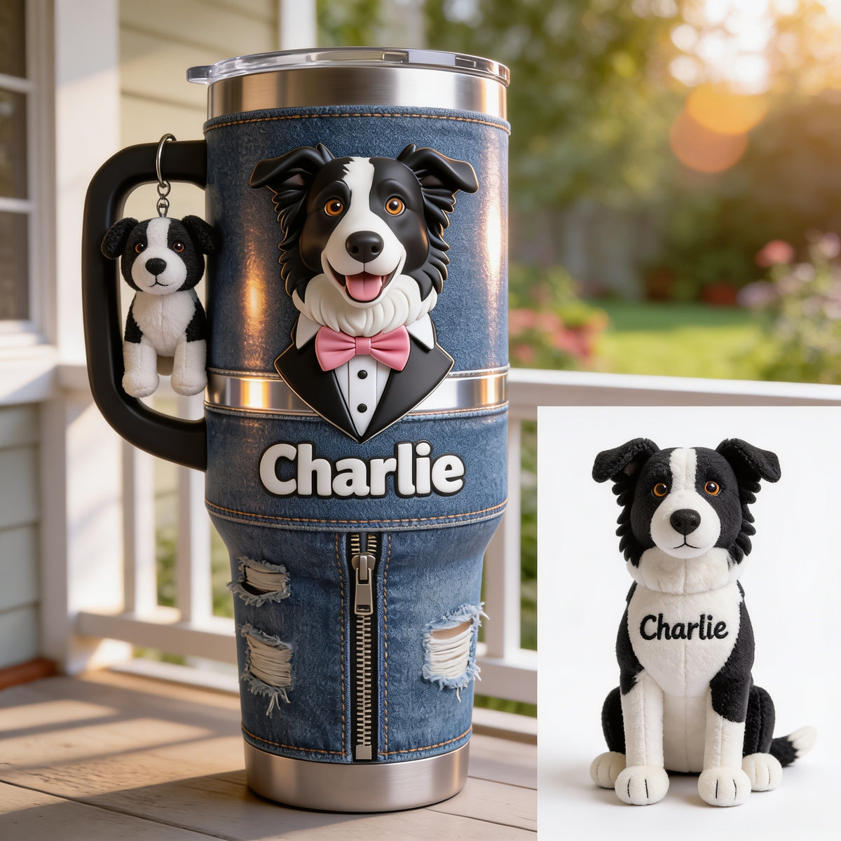 Personalized Border Collie Tuxedo Tumbler With Plush Charm Pet Gift