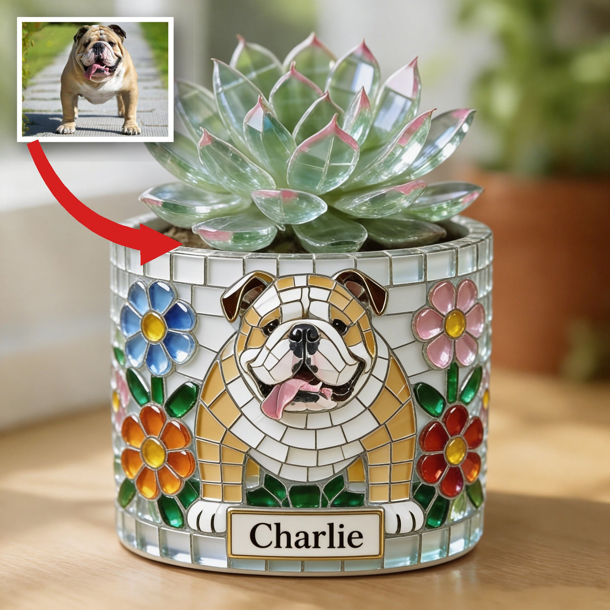 Personalized Fawn and White Adult Bulldog Ceramic Plant Pot Dog Lover Gift