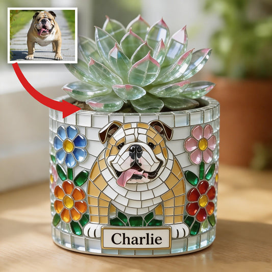 Personalized Fawn and White Adult Bulldog Ceramic Plant Pot Dog Lover Gift