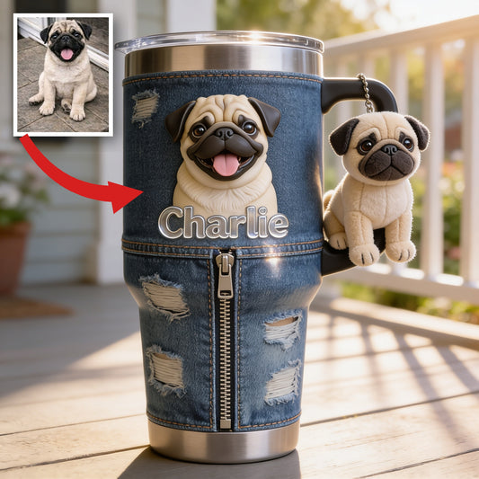 Personalized Fawn Pug Tumbler With Plush Charm Pet Lover Gift