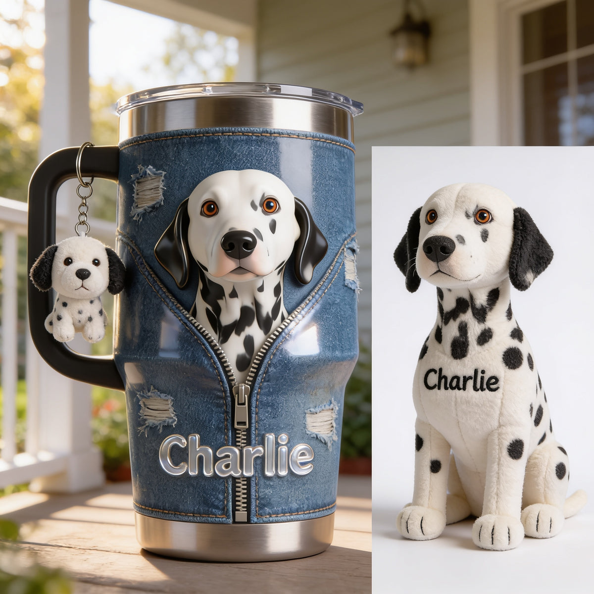 Personalized Dalmatian Tumbler with Plush Charm, Pet Owner Gift