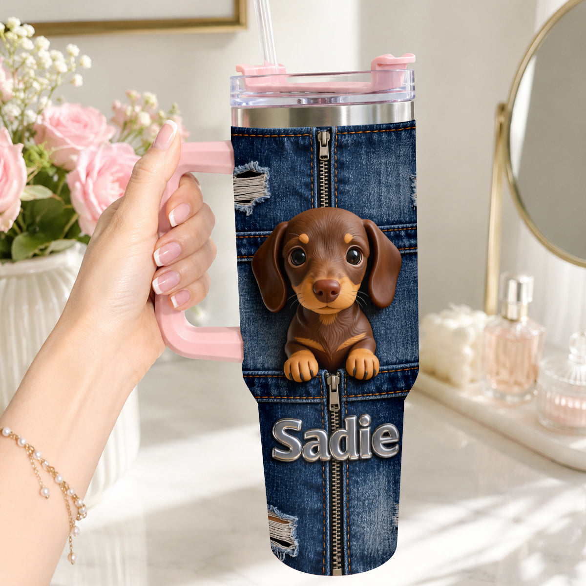 Personalized Tan White Pembroke Welsh Corgi Tumbler With Plush Charm Pet Gift
