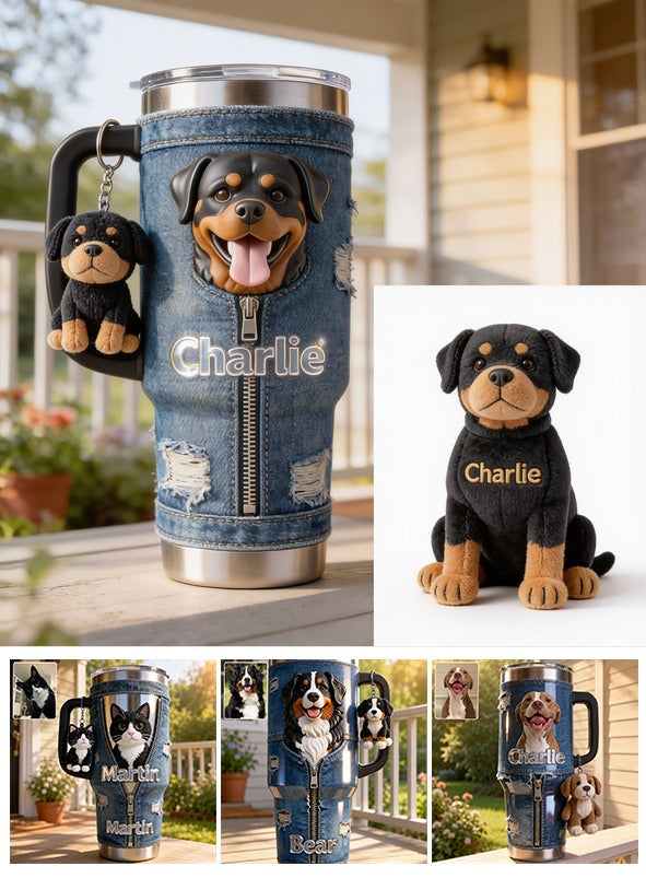 Personalized Black and Tan Rottweiler Tumbler With Plush Charm Dog Lover Gift