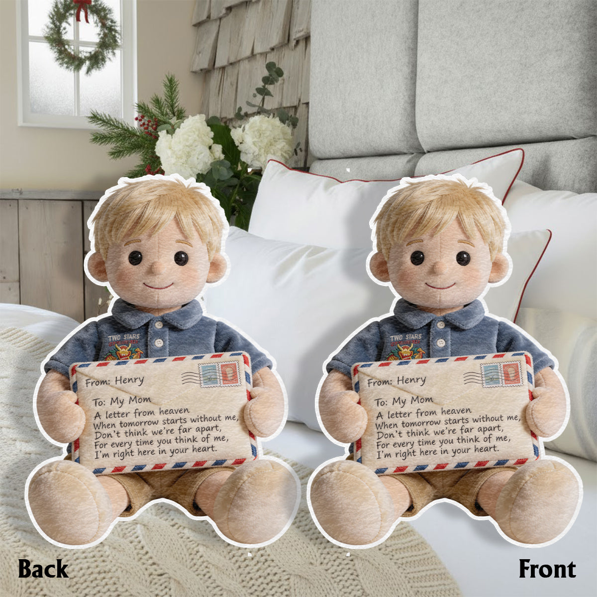 Personalized Black Little Boy Letter From Heaven Faux Fur Shaped Memorial Pillow