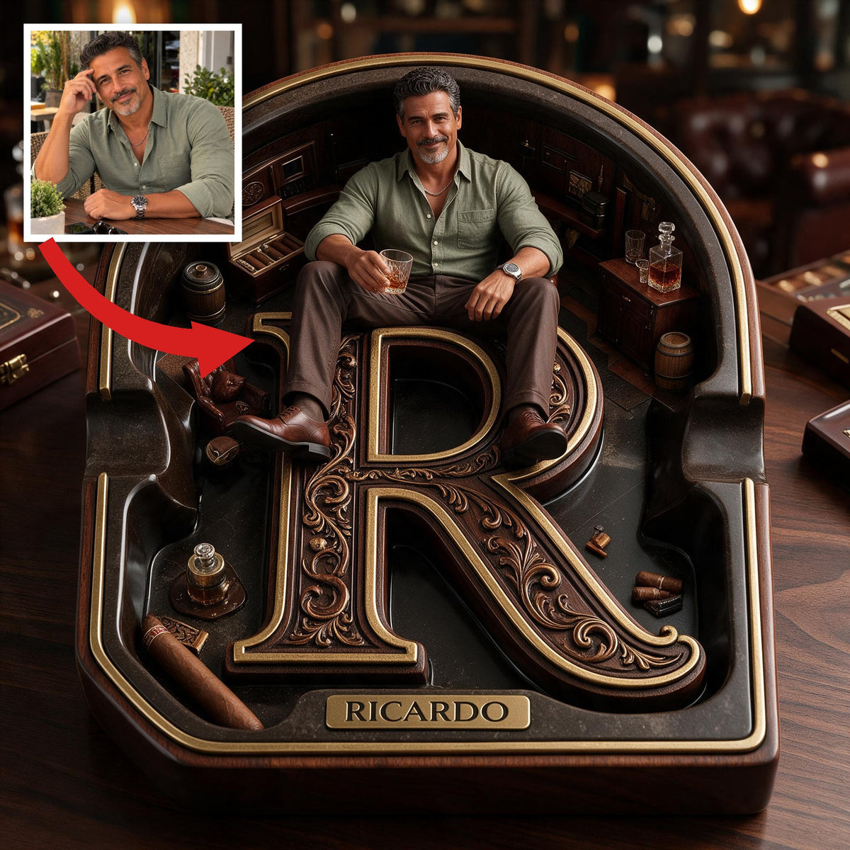 Custom Photo Middle-Aged Latino Man Wooden Catch-All Tray, Gift for Dad Husband Grandpa