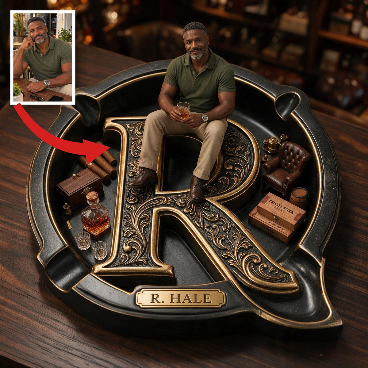 Custom Photo Middle-Aged Black Man Wooden Catch-All Tray, Dad Husband Gift