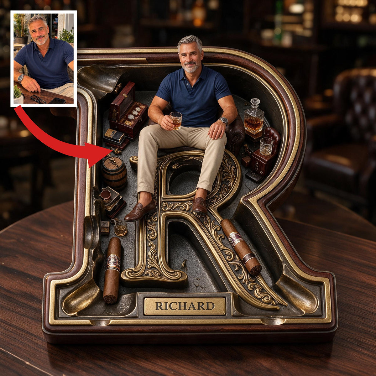 Custom Photo Middle-Aged Man Wooden Catch-All Tray Gift for Dad Husband Grandpa