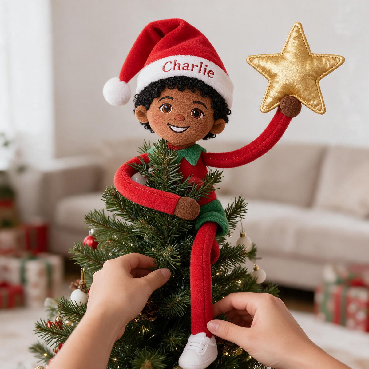 Personalized Christmas Black Little Boy Posable Plush Doll Gift for Family