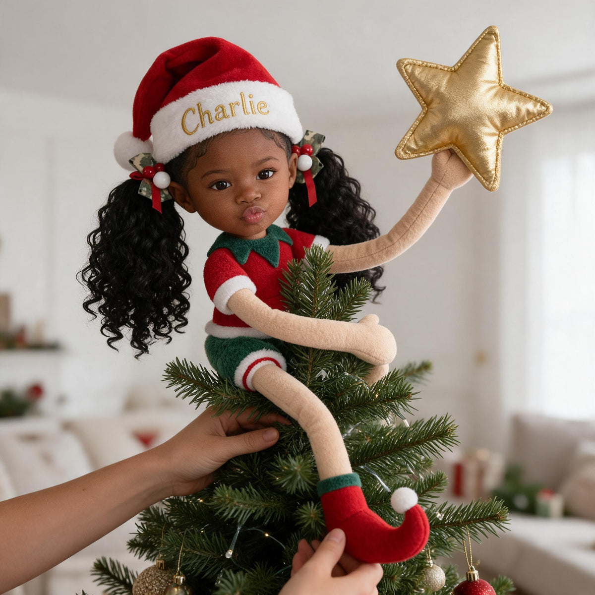 Personalized Christmas Black Little Girl Posable Plush Doll, Gift for Daughter Granddaughter Niece
