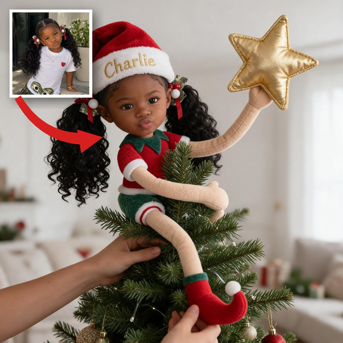 Personalized Christmas Black Little Girl Posable Plush Doll, Gift for Daughter Granddaughter Niece
