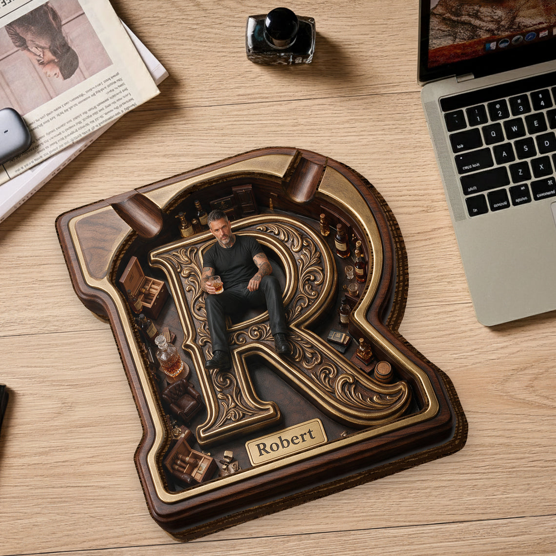 Custom Photo Black Man Wooden Catch All Tray, Gift for Husband Boyfriend Son