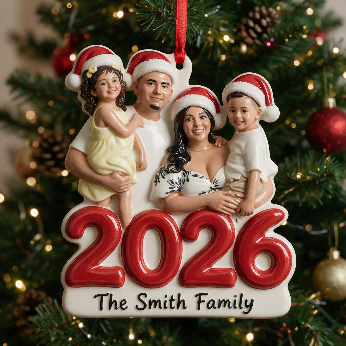 Custom Photo Christmas 2026 Latino Family of Four 3D Resin Ornament Keepsake