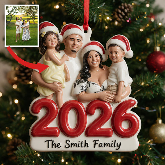 Custom Photo Christmas 2026 Latino Family of Four 3D Resin Ornament Keepsake