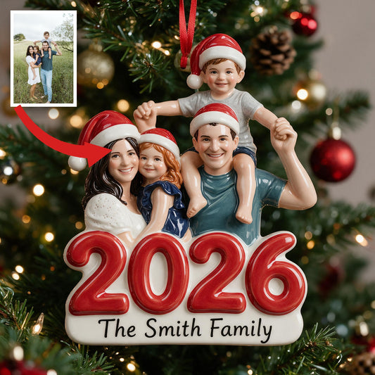 Custom Photo Christmas Family Of Four 2026 Premium 3D Resin Ornament