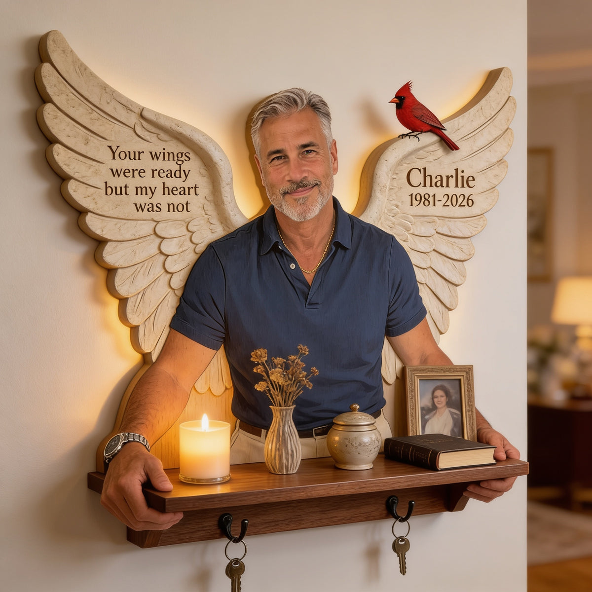 Personalized Middle-Aged Man Memorial Wooden Floating Shelf Sympathy Gift