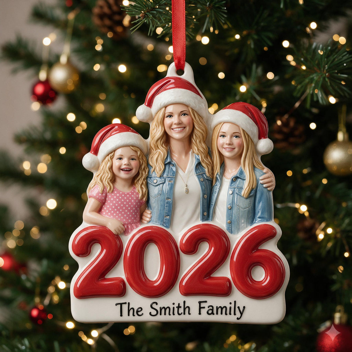 Custom Photo 2026 Christmas Single Mom Family 3D Resin Ornament