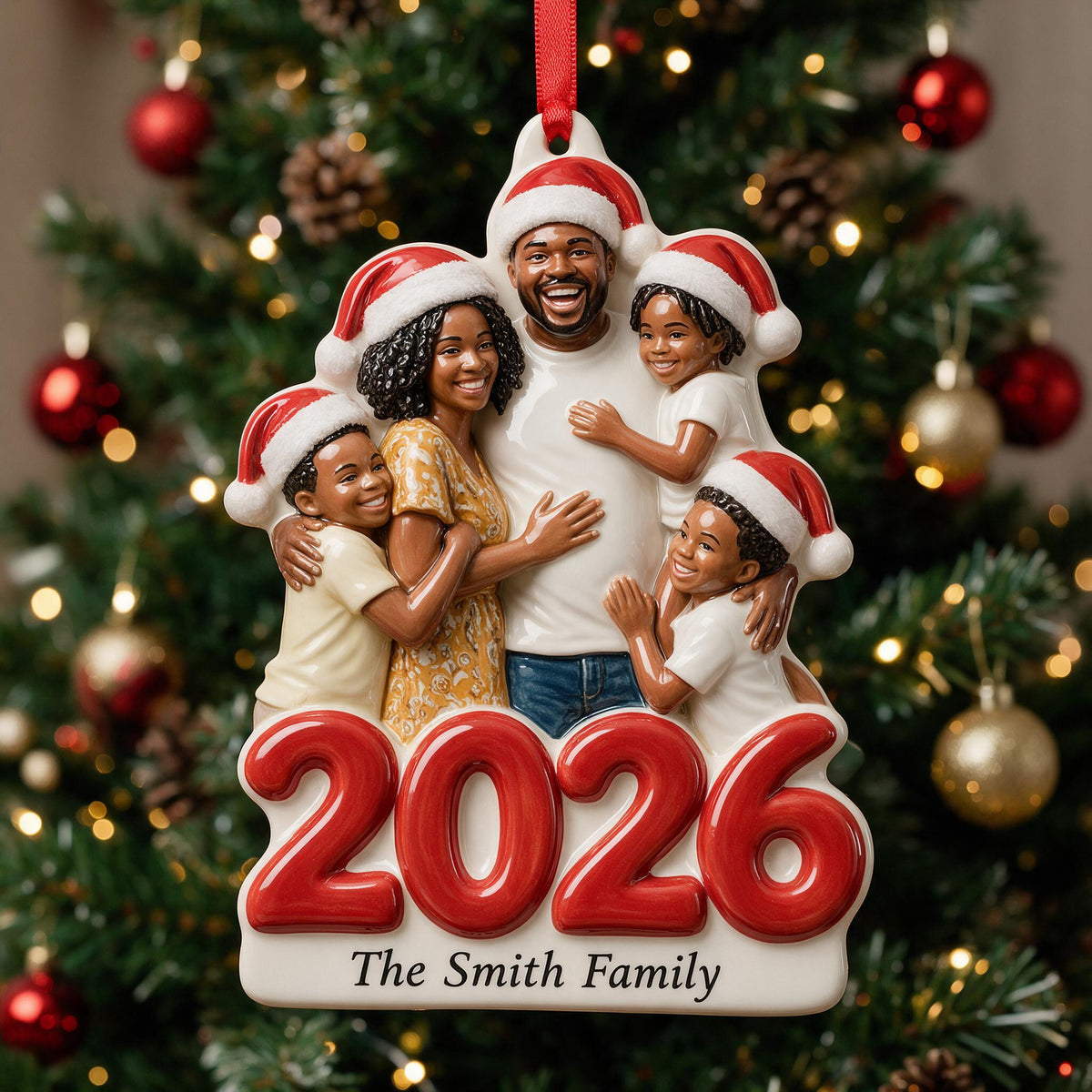 Custom Photo Christmas 2026 Black Family of Five 3D Ornament