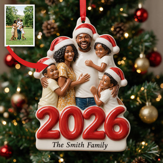 Custom Photo Christmas 2026 Black Family of Five 3D Ornament