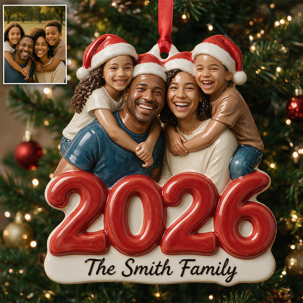 Custom Photo Christmas 2026 Latino Family of Four 3D Resin Ornament Keepsake