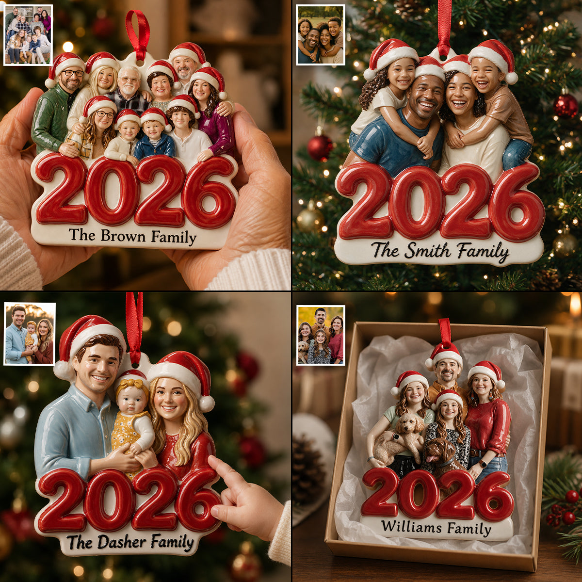 Custom Photo Christmas 2026 Black Family of Five 3D Ornament