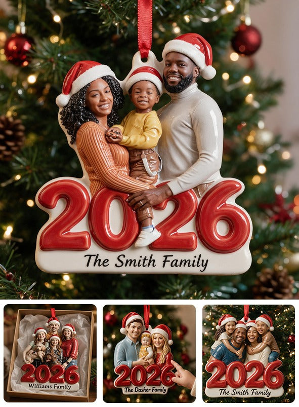 Custom Photo 2026 Christmas Black Family Of Three 3D Resin Ornament