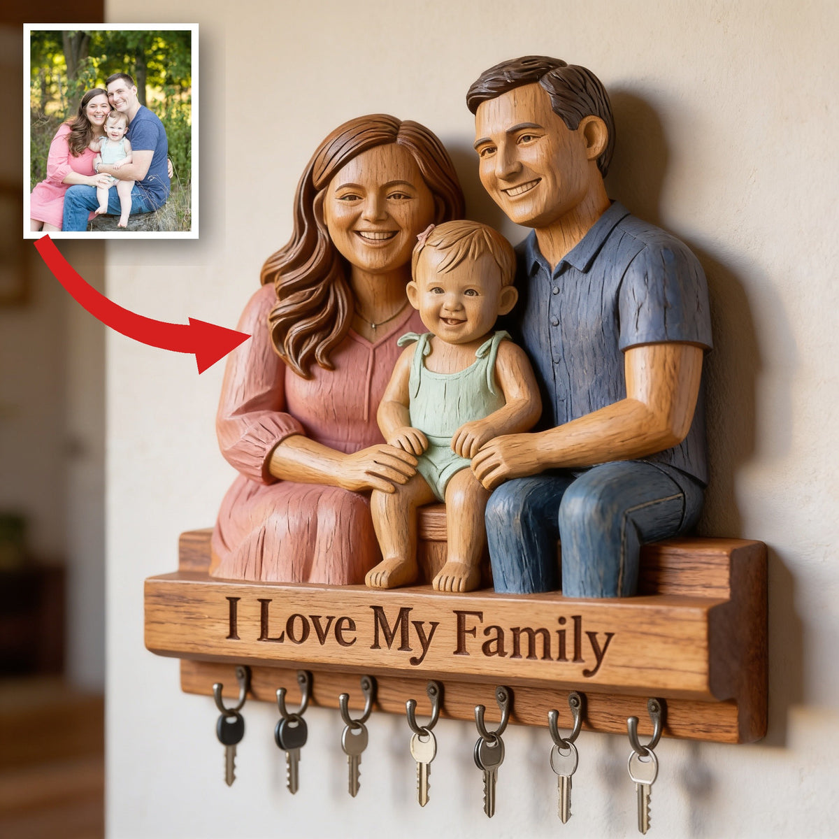 Personalized Family Of Three Custom Wood Key Hanging Rack Home Decor Gift