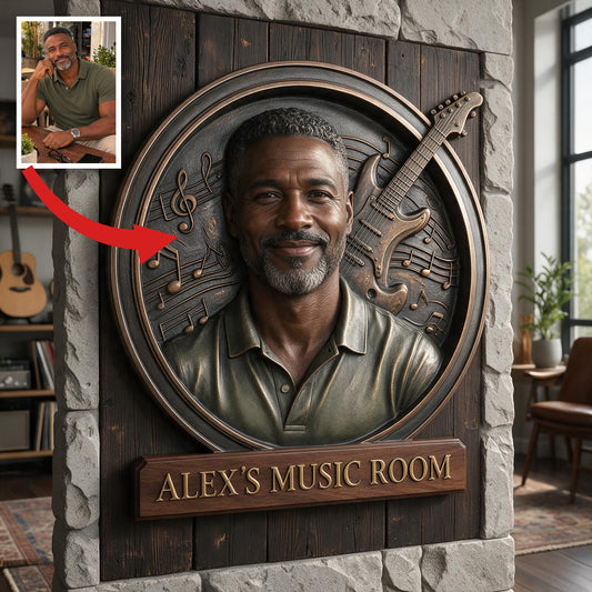 Custom Photo Middle-Aged Black Man Music Room 3D Cut Metal Sign Gift for Dad Husband