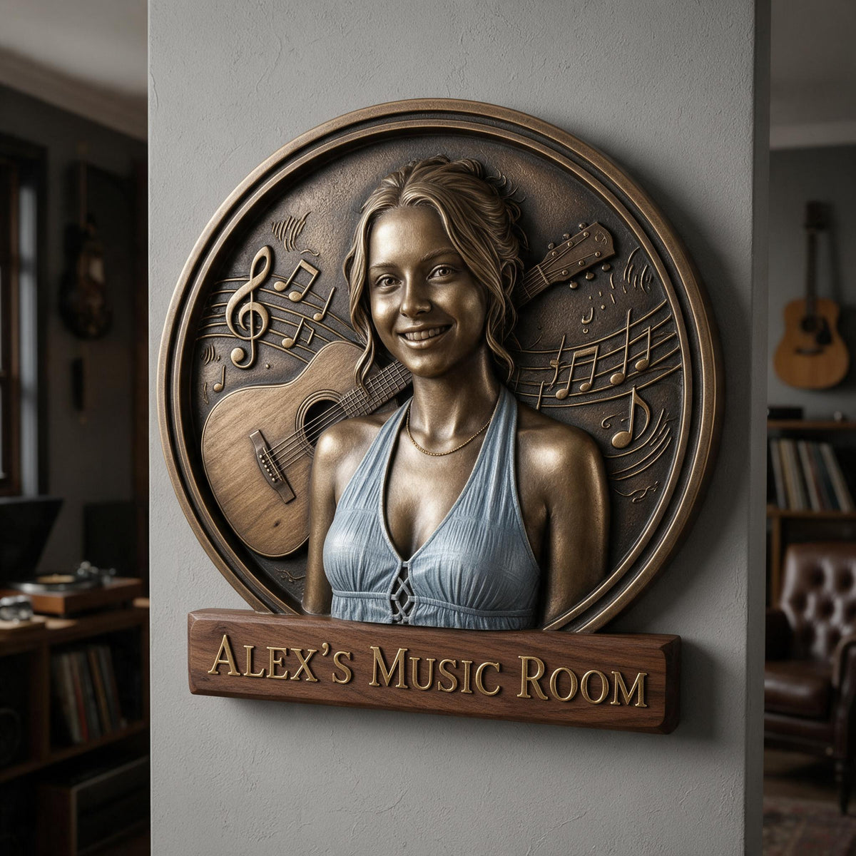 Custom Photo Woman Music Room Guitar 3D Cut Metal Sign Wall Decor