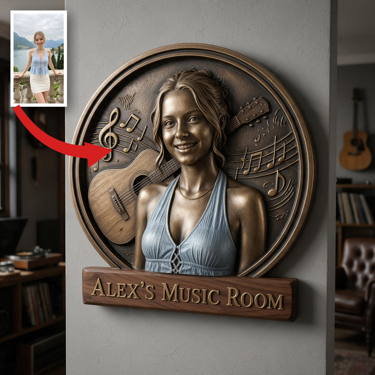 Custom Photo Woman Music Room Guitar 3D Cut Metal Sign Wall Decor