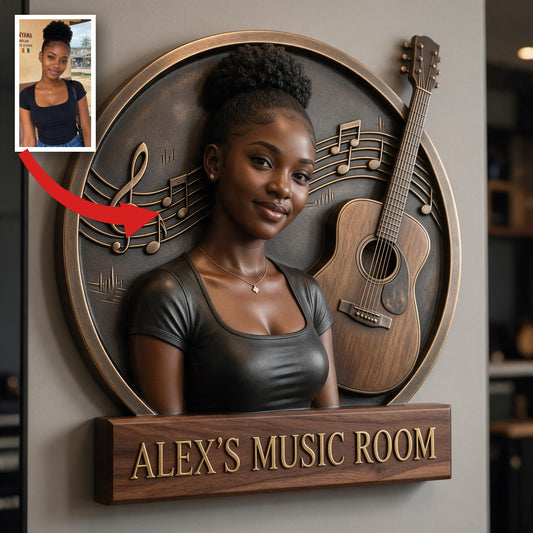 Custom Photo Black Woman Music Guitar 3D Cut Metal Sign Music Room Decor