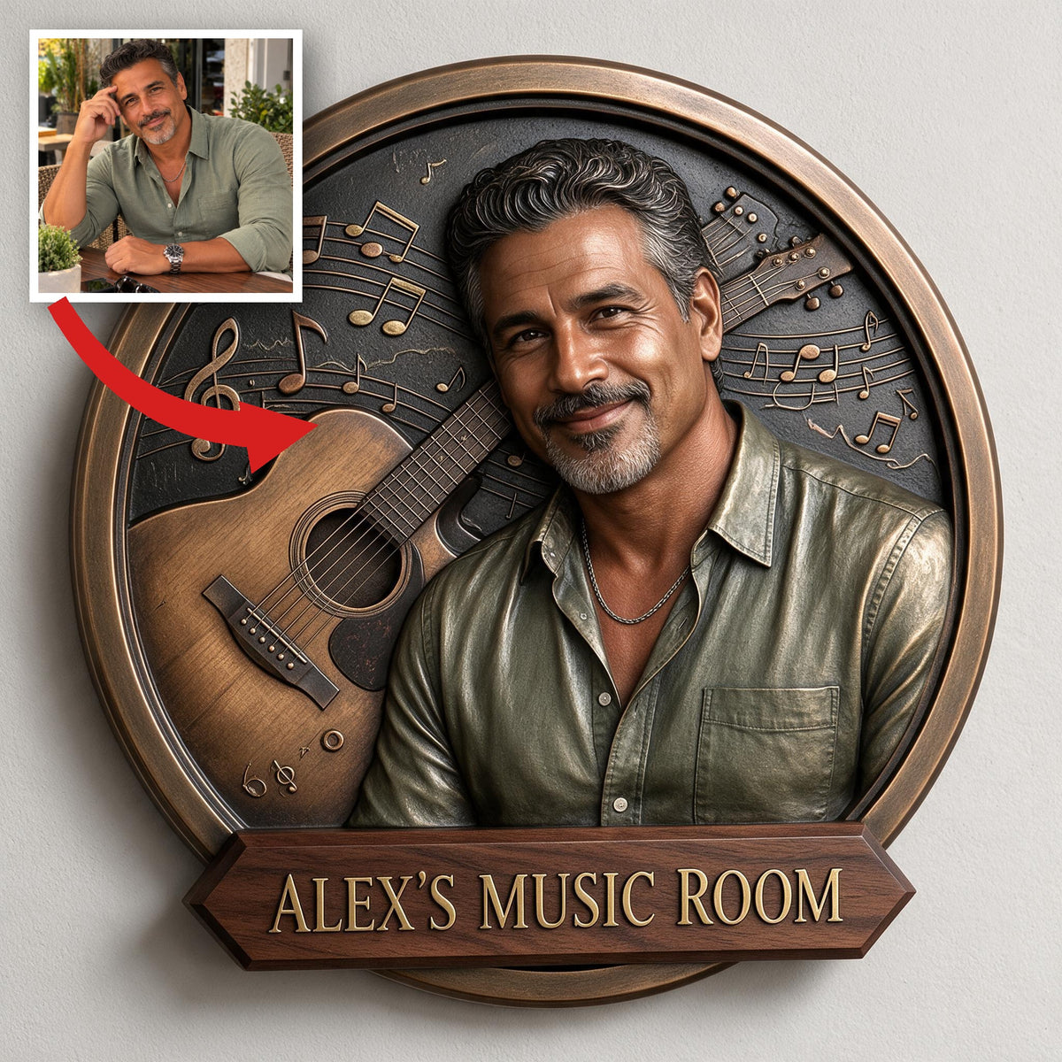 Custom Photo Middle-Aged Latino Man Music Room 3D Cut Metal Sign Gift for Dad Husband