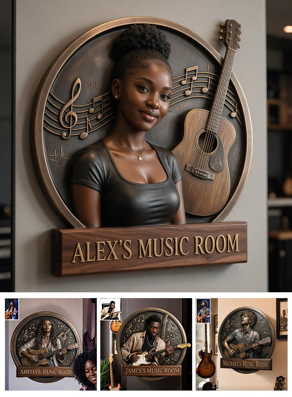 Custom Photo Black Woman Music Guitar 3D Cut Metal Sign Music Room Decor