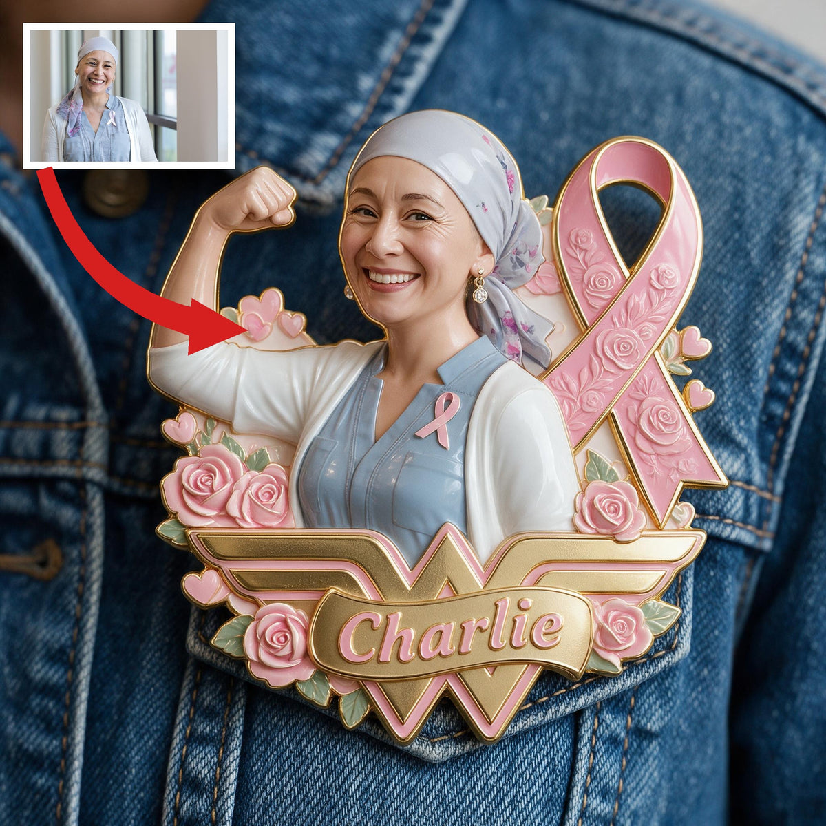 Personalized Middle-Aged Breast Cancer Woman 3D Embossed Enamel Pin Awareness Gift