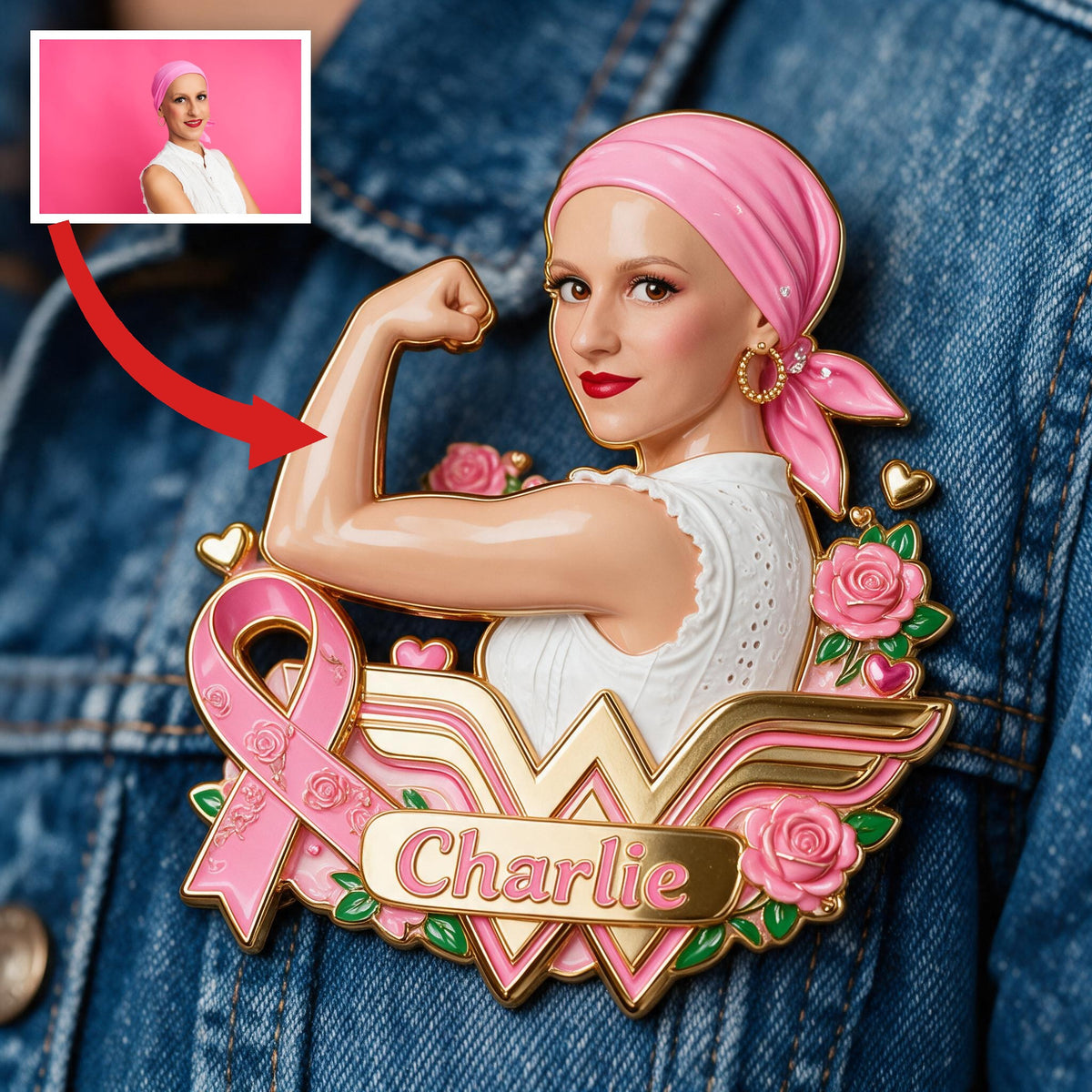 Personalized Breast Cancer Survivor Pink Headscarf 3D Embossed Enamel Pin