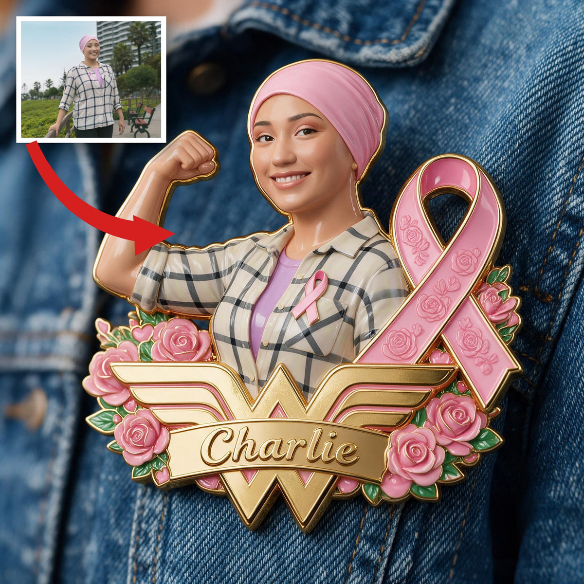 Personalized Latina Breast Cancer Woman 3D Embossed Enamel Pin Awareness Gift