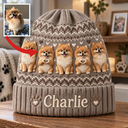 Personalized Fluffy Golden Tan Pomeranian Beanie Hat Dog Owner Gift