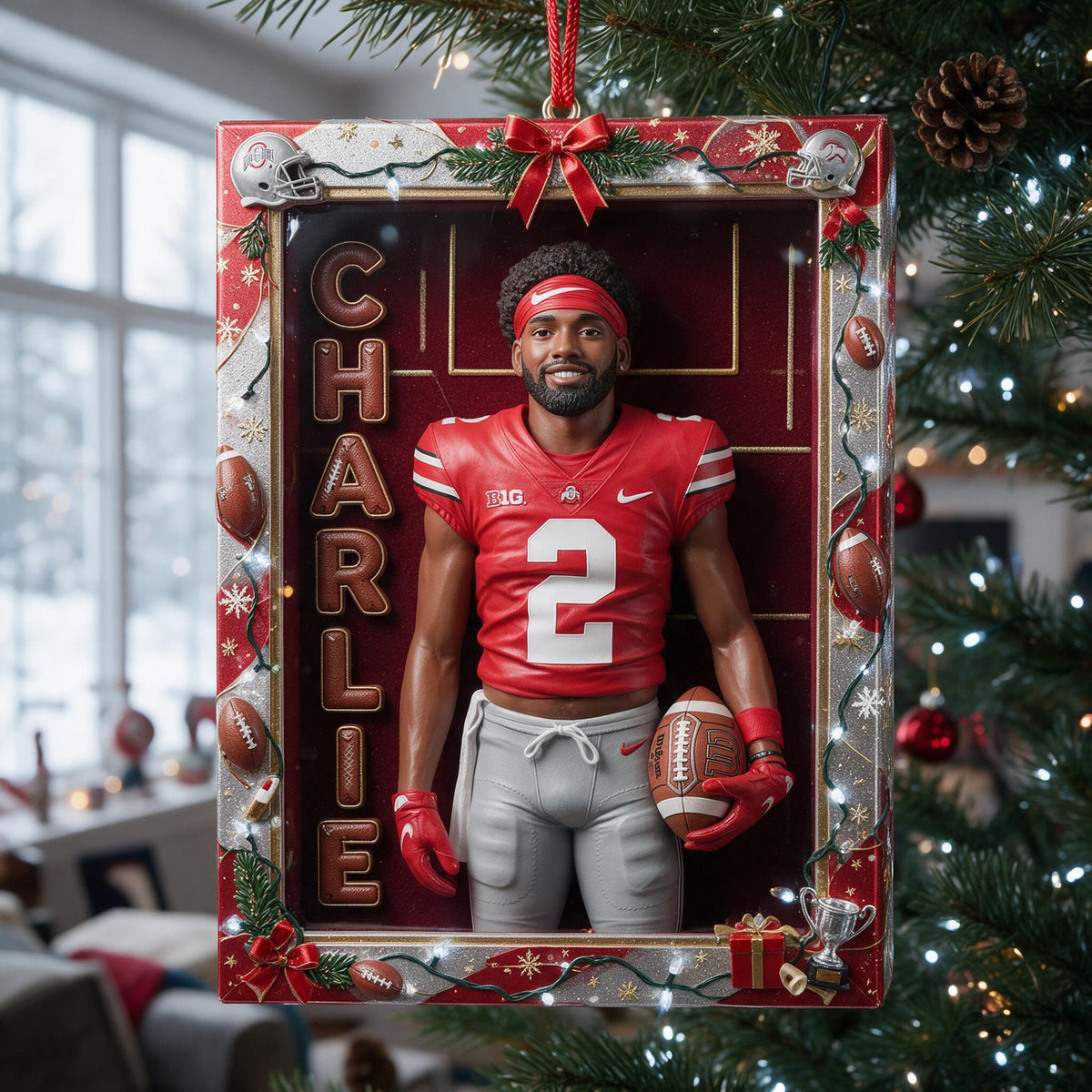 Personalized Christmas American Football Black Player Ornament