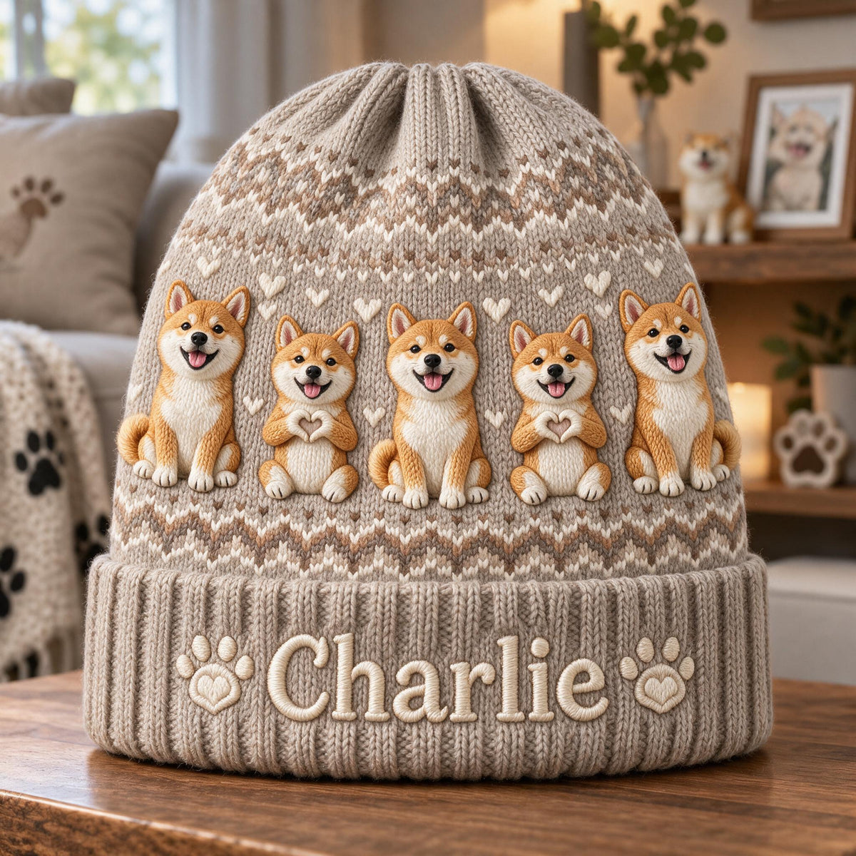 Personalized Tan and White Adult Shiba Inu Beanie Hat Dog Lover Gift
