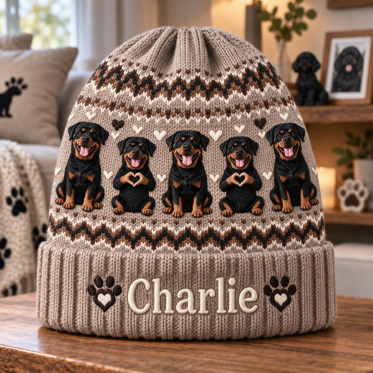 Personalized Black and Tan Rottweiler Knit Beanie Hat Dog Lover Gift