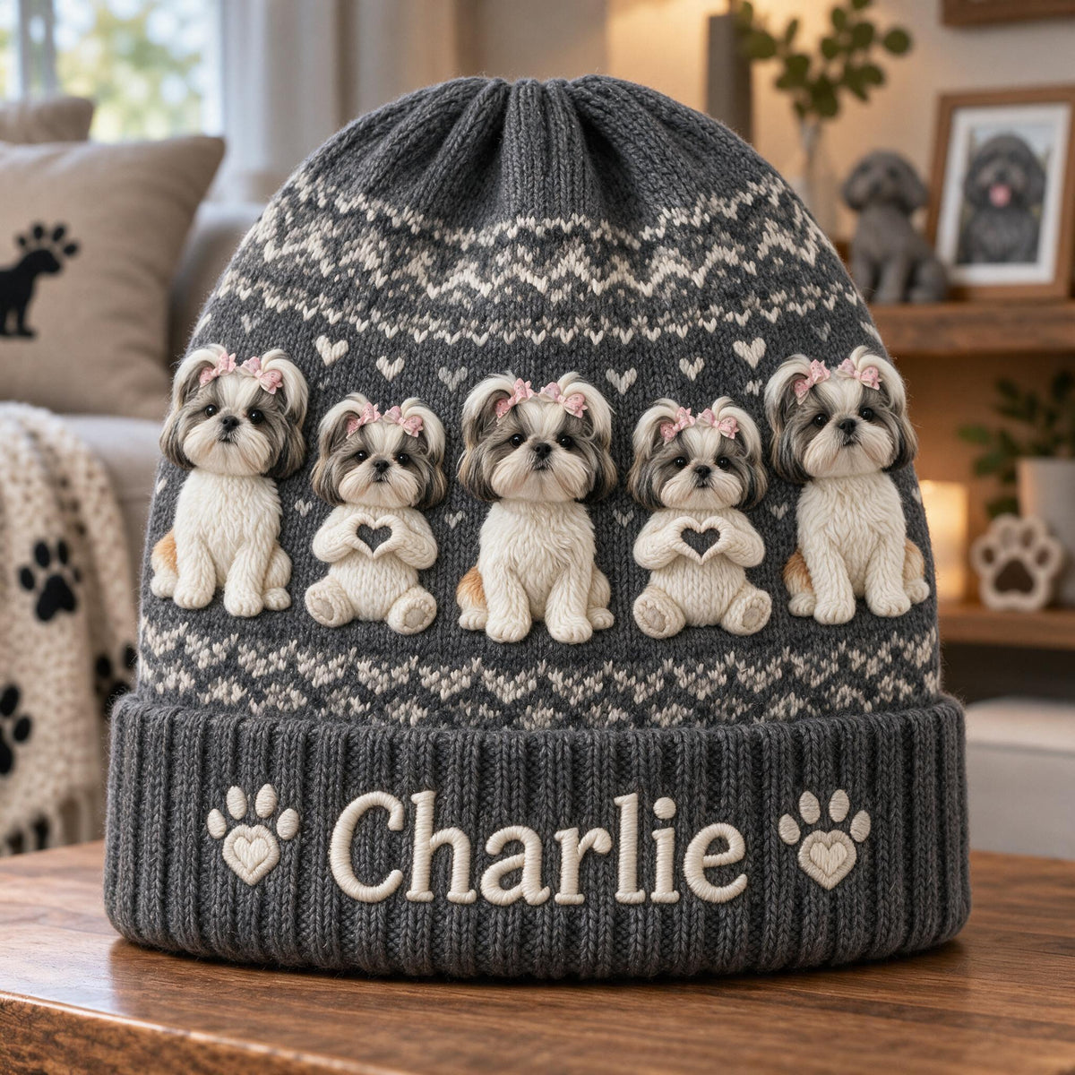 Personalized Fluffy Shih Tzu Beanie Hat Dog Lover Winter Gift