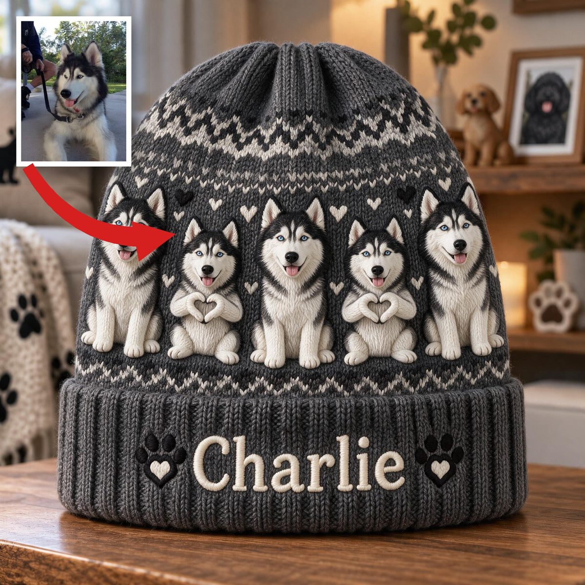 Personalized Siberian Husky Beanie Hat Dog Lover Winter Gift