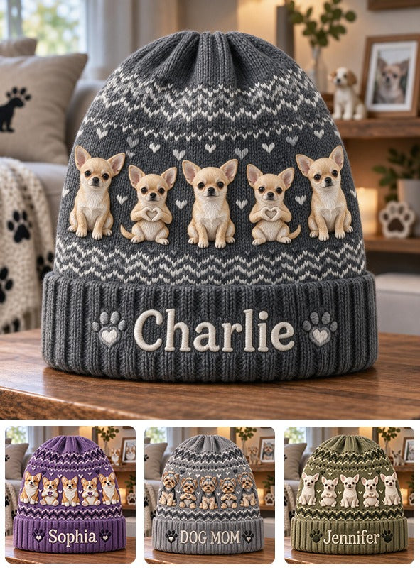 Personalized Fawn White Chihuahua Puppy Beanie Hat Dog Lover Gift