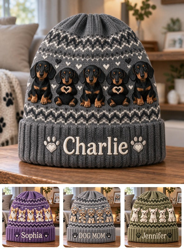 Personalized Black and Tan Dachshund Puppy Knit Beanie Hat Dog Lover Gift